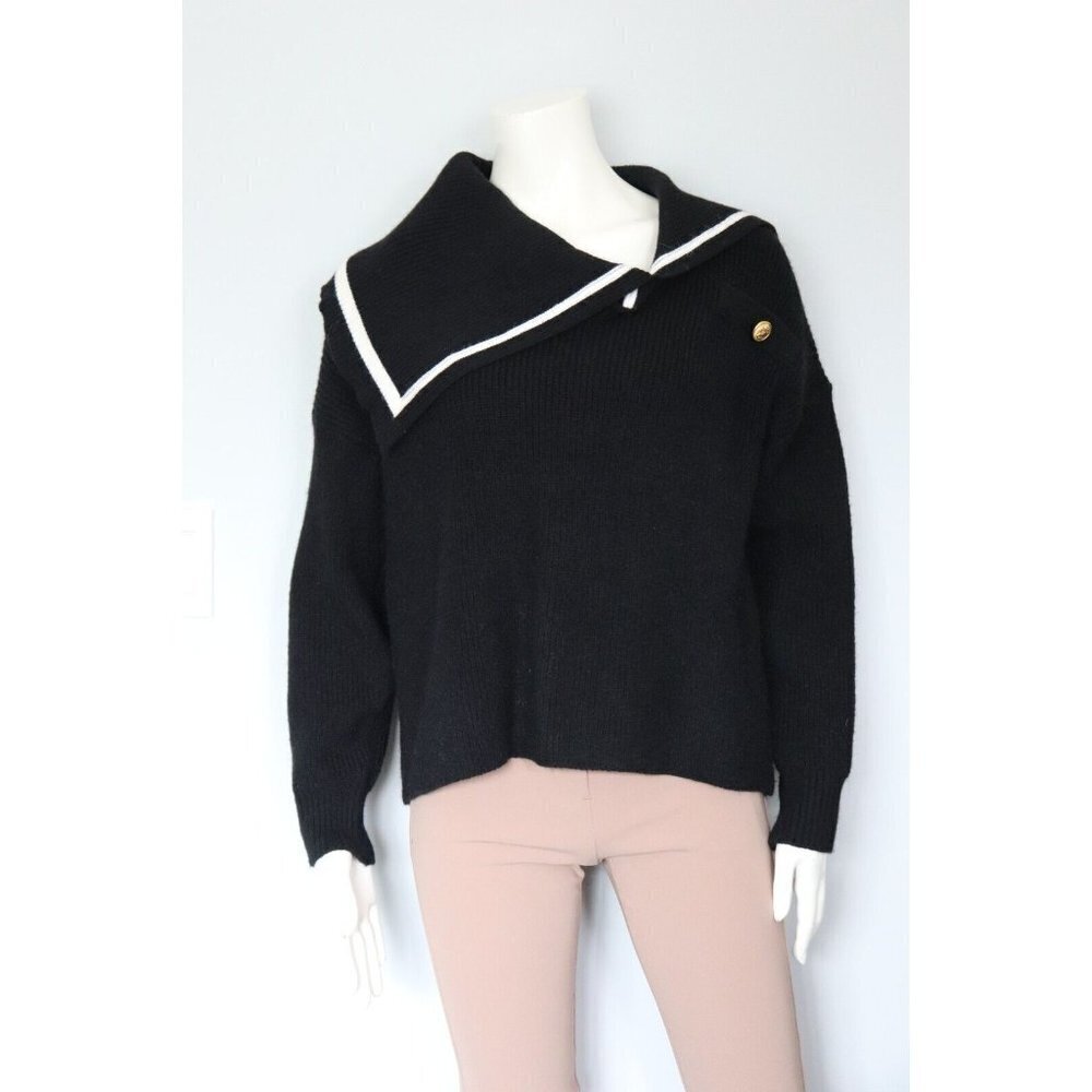 So Fen Womens Medium Black Pullover Sweater Split Shawl Collar Ribbed Knit Shirt